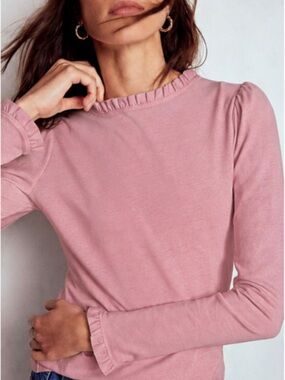 Boden Supersoft Frill Ruffle Detail Long Sleeve Tee Top in Light Rose Pink